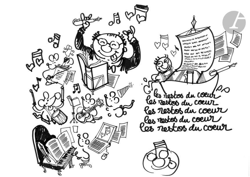 Jean Plantureux dit PLANTU (né en 1951)
Coluche - Les Restos du coeur, août 2018
Feutre.
(Plis médiants).
29.5 x 42 cm

Joint : le tirage couleur. 

Dessin réalisé pour un livre vendu au profit des Restaurants du Cœur.