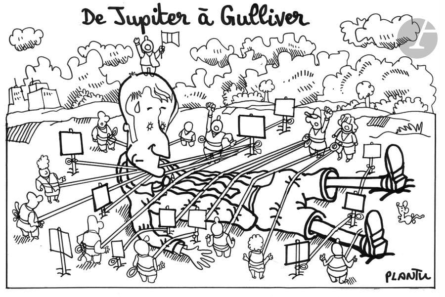 Jean Plantureux dit PLANTU (né en 1951)
Politique - De Jupiter à Gulliver, 30 novembre 2018
Feutre.
Signé en bas à droite.
22 x 31 cm

Joint : deux tirages couleur.