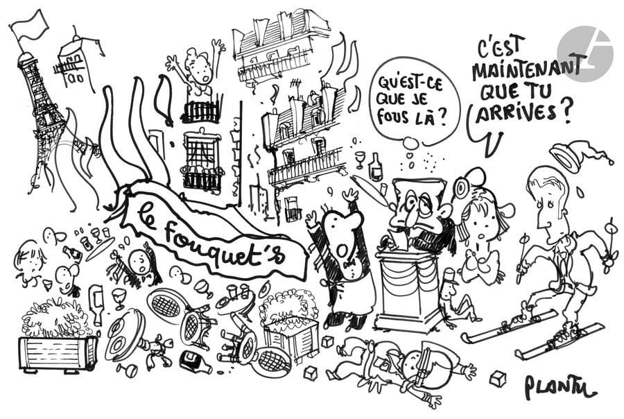 Jean Plantureux dit PLANTU (né en 1951)
Politique - Le Fouquet’s
Feutre.
Signé en bas à droite.
21.5 x 31 cm

Joint : étude préparatoire au feutre et le tirage couleur.