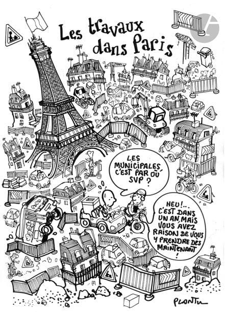 Jean Plantureux dit PLANTU (né en 1951)
Société - Les Travaux dans Paris, 10 avril 2019
Feutre.
Signé en bas à droite.
(Pli médiant).
41.5 x 29.5 cm

Joint : le tirage couleur.