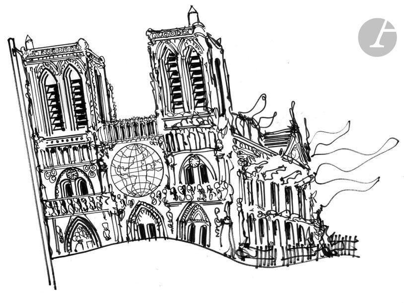 Jean Plantureux dit PLANTU (né en 1951)
Société - Incendie de Notre-Dame, 17 avril 2019
Feutre.
21 x 27 cm

Joint : étude prépratoire et le tirage couleur. 

Un titre alternatif imaginé par le dessinateur aurait pu être dans d’autres circonstances : « Hommage au gothique flamboyant ».