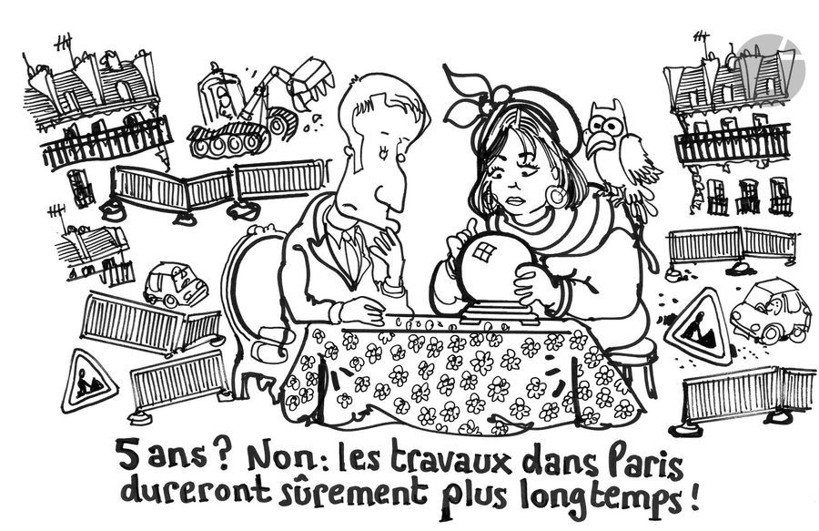 Jean Plantureux dit PLANTU (né en 1951)
Politique - Travaux dans Paris, 24 avril 2019
Feutre.
21 x 29.5 cm

Joint : étude préparatoire au feutre et le tirage couleur.