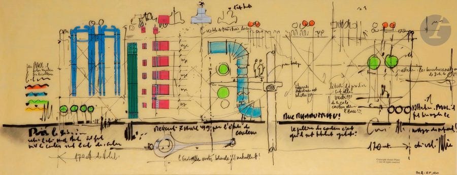 Renzo PIANO [italien] (né en 1937)
Étude pour la restauration du Centre Georges Pompidou, 1999
Pastel, feutre et collage sur papier calque.
Porte le numéro d’archive et le timbre sec de la Fondazione Renzo Piano.
31 x 80 cm

Un certificat d’authenticité de la Fondazione Renzo Piano en date du 31 mai 2019 sera remis à l’acquéreur.