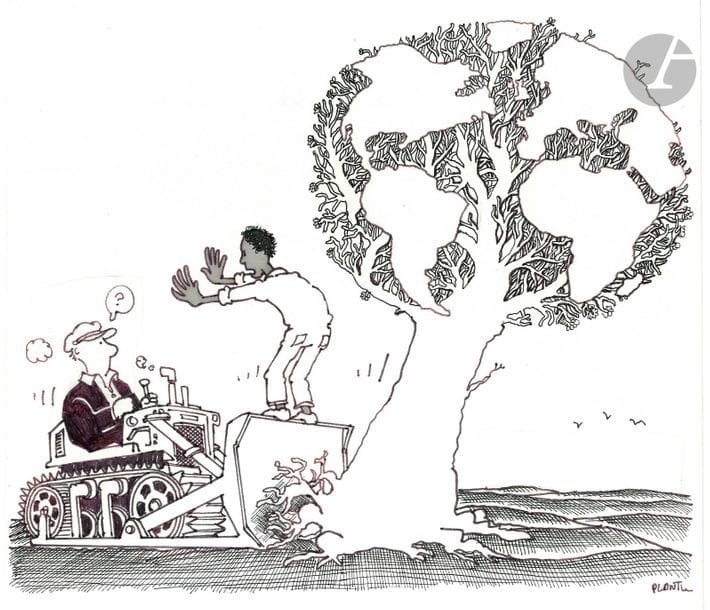 Jean Plantureux dit PLANTU (né en 1951)
Mondialisation, janvier 1982
Encre et feutre.
Signée en bas à droite.
18 x 20.5 cm

à l’époque, les dessins de Plantu étaient parfois appelés de manière condescendante des dessins « tiers-mondistes » ; au contraire, le dessinateur considérait et considère toujours qu’« être tiers-mondiste, c’est l’avenir ».