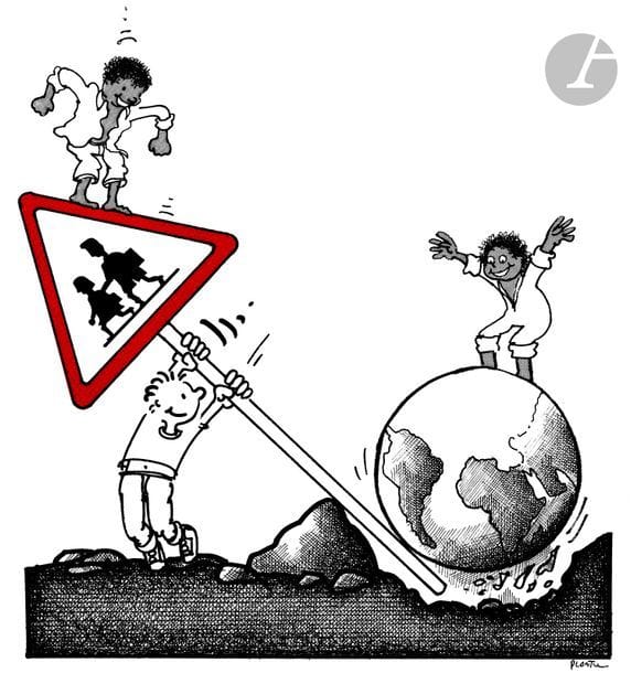 Jean Plantureux dit PLANTU (né en 1951)
éducation, 1988
Encre et feutre.
Signée en bas à droite.
29.5 x 21 cm

Joint : le tirage en couleur. 

Dessin réalisé pour des manuels scolaires et associations internationales. 