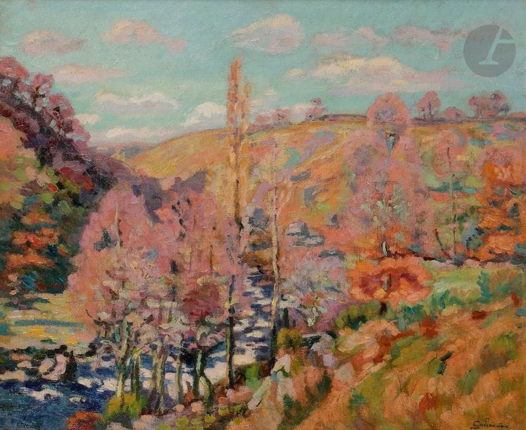 *Armand GUILLAUMIN (1841-1927)
Vallée de la Sédelle, 1902
Huile sur toile.
Signée en bas à droite.
60 x 73 cm

Provenance : 
- Collection R. Martin, Paris.
- Vente Neumeister, Munich, 22 mai 1995. Acquis par l'actuel propriétaire lors de cette dernière.

Expositions : 
- A. Guillaumin, un maître de l'impressionnisme français, Fondation de l'Hermitage, Lausanne, 12 juillet - 20 octobre 1996, n°72, reproduit p. 129 du catalogue (étiquette au dos).
- Vom Spiel der Farbe Armand Guillaumin (1841-1927), Ein vergessener Impressionist, Wallraf-Richartz Museum, Cologne, 24 février - 5 mai 1996, n°81 reproduit p. 233 du catalogue.
- A. Guillaumin, de la lumière à la couleur, Musée d'Art et d'Histoire, Belfort, 7 juin - 31 août 1997, n° 41, reproduit p. 73 du catalogue.
- L'impressionismo di Armand Guillaumin, Palazzo Brichesrasio, Turin, 2003-2004, reproduit p.114 du catalogue.
- Armand Guillaumin, Berry-Hill Gallery, New York, mai-juin 2004.

Bibliographie : 
G. Serret et D. Fabiani, Armand Guillaumin, 1841-1927 - Catalogue raisonné de l'œuvre peint, Paris, éditions Mayer, 1971, n° 563.
