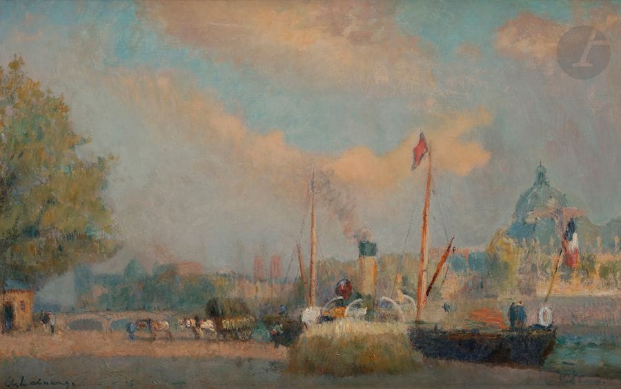 Albert LEBOURG (1849-1928)
Paris, le port du Louvre et la Seine à l'Institut
Huile sur toile.
Signée en bas à gauche.
(Rentoilée).
46 x 73 cm

Provenance : 
Succession G., Normandie.