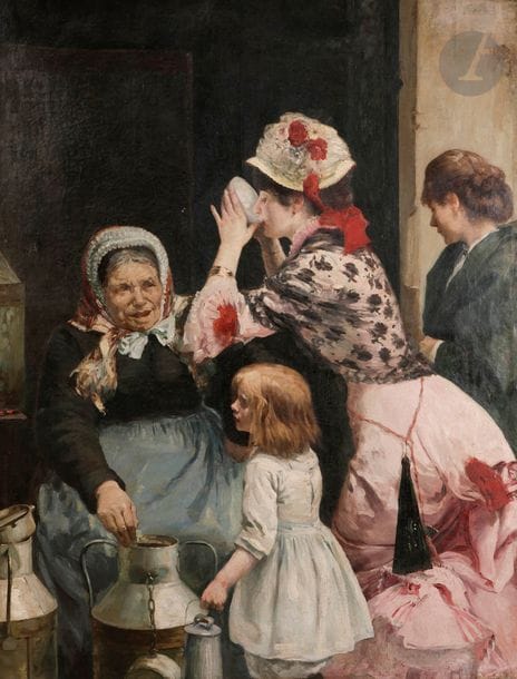 Paul RENOUARD (1845-1924)
La Laitière, vers 1880
Huile sur toile.
(Accidents et restaurations).
173 x 135 cm

Provenance : 
- Collection Effinger (acheté le 4 janvier 1939).
- Collection particulière, Paris. Acquis auprès de ce dernier.

La gravure de Paul Renouard intitulée La Laitière de 1880 a été réalisée d'après ce tableau.