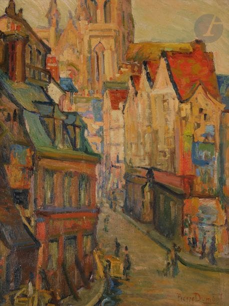 *Pierre DUMONT (1884-1936)
Rouen, la rue de l'Épicerie, 1905
Huile sur toile.
Signée en bas à droite.
81 x 62 cm

Provenance : 
Ancienne collection Oscar Ghez, Genève.

Expositions : 
- Utrillo et les peintres de Montmartre, Palais des Beaux-Arts, Charleroi (étiquette au dos).
- 80 pittori da Renoir à Kisling, Galleria Civica d'Arte Moderna, Turin (étiquette au dos).
- Post-impressionnisme 1880-1910, Musée du Petit-Palais, Genève, 1er juillet - 30 septembre 1980 (étiquette au dos). 
- L'École de Rouen, de l'impressionnisme à Marcel Duchamp, Musée du Petit-Palais, Genève, 18 avril - 1er juillet 1996 (étiquette au dos).