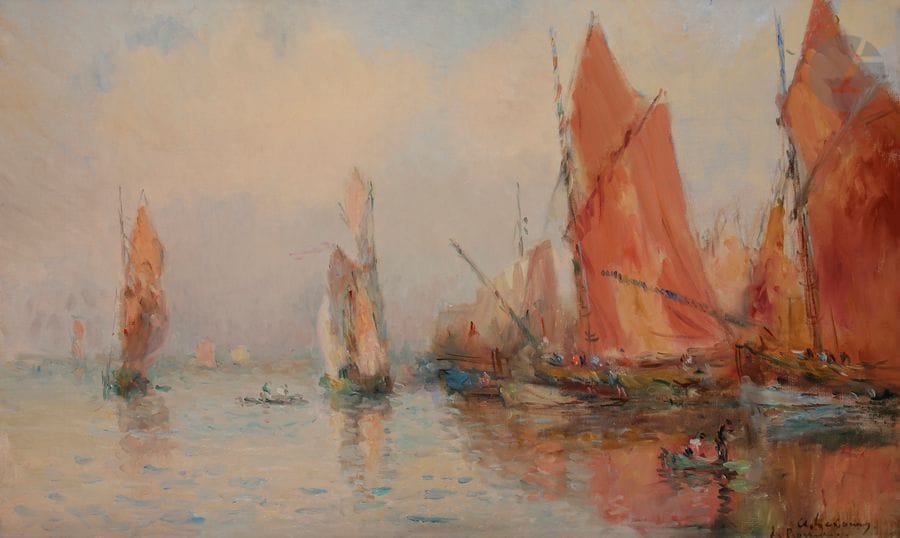 Albert LEBOURG (1849-1928)
La Rochelle, le port aux voiles rouges, vers 1905
Huile sur toile.
Signée et située en bas à droite.
46 x 77 cm

Provenance : 
Succession G., Normandie.

Exposition : 
Rétrospective Albert Lebourg, Musée Eugène Boudin, Honfleur, 8 juillet - 1er octobre 1989.

Œuvre en rapport : 
La Rochelle, 1905 reproduit in François Lespinasse, Mathilde Legendre, Albert Lebourg  : l'itinéraire  d'un impressionniste normand, Musée Alfred Canel, Pont-Audemer, 10 octobre 2009 - 17 janvier 2010, Pont-Audemer, Musée Canel, 2009, reproduit p. 75.