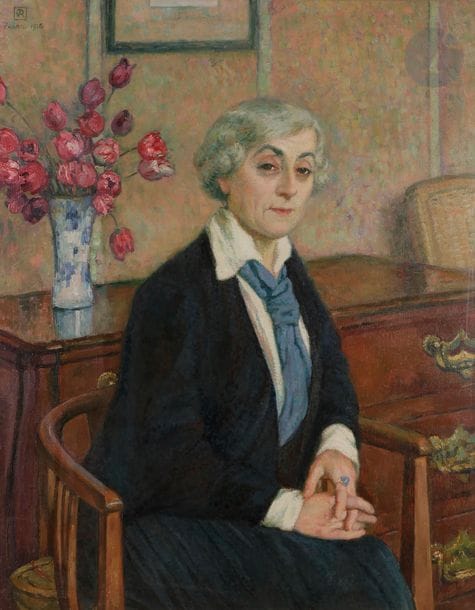 *Théo Van RYSSELBERGHE (1862-1926)
La Dame aux tulipes, 1918
Huile sur toile.
Signée et datée en haut à gauche.
92 x 73 cm

Provenance : 
Vente Maître Martin, Trianon Palace, Versailles, 7 juin 1961, n°59. Acquis par l'actuel propriétaire lors de cette dernière.

Expositions : 
- Théo Van Rysselberghe, Utrecht, Vereniging Voor de Kunst, 9 novembre - 7 décembre 1924, n° 7. 
- 80 Pittori da Renoir à Kisling, Galleria Civica d'Arte Moderna, Turin, 1964, n° 76 (étiquette au dos).
- Le Pointillisme, Musée du Petit Palais, Genève, 1996, reproduit p. 37 du catalogue.

Bibliographie : 
- Revue Scarabée n°4, septembre 1974, p. 4.
- À l'Aube du XXe siècle, Genève, Éditions O. Ghez, 1981.
- Jean-Jacques Lévêque, Le Triomphe de l'Art Moderne - Les Années folles, Paris, ACR Éditions, 1992, reproduit p. 215.
- O. Scheps, Pointillisme, Collection O. Ghez, Petit Palais, Genève, Turin, Ages Arti Grafiche, juin 1996.
- Ronald Feltkamp, Théo Van Rysselberghe, 1862-1926, Catalogue Raisonné, Paris, Éditions de l'amateur, et Bruxelles, Éditions Racine, 2003, n°1918-012, reproduit p. 420.