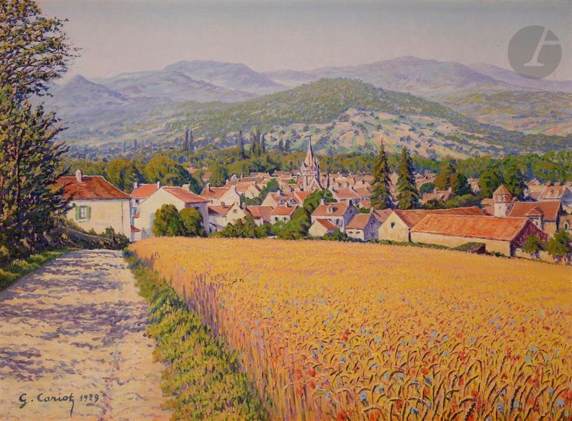 Gustave-Gaston CARIOT (1872-1950)
Village au champ de blé, 1929
Huile sur toile.
Signée et datée en bas à gauche.
60 x 81 cm

Provenance : 
Collection de M. et Mme D., Paris.