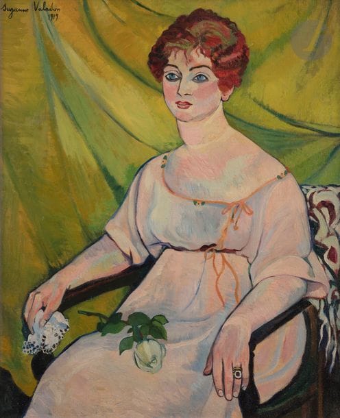 *Suzanne VALADON (1865-1938)
Femme au fauteuil, Portrait de Madame G., 1919
Huile sur toile.
Signée et datée en haut à gauche.
73 x 60 cm

Provenance :
Vente Maître Blache, Versailles, 26 novembre 1972, n° 211 bis. Acquis lors de cette dernière par l'actuel propriétaire.

Expositions :
- Montmartre vivant - de Toulouse Lautrec à Utrillo, Musée du Petit Palais, Genève, 1996, reproduit p. 17 du catalogue.
- La Femme, les femmes, Musée Archéologique Régional, Aoste, 1997/98, reproduit p. 51 du catalogue.
- Le 12 rue Cortot, une cité d'artistes, Musée de Montmartre, Paris, 2005/06.
- Femmes artistes - Passion, muses et modèles, Grande Halle du château de Chamerolles, 16 juin - 19 août 2012, reproduit p. 85 du catalogue.
- Valadon, Utrillo et Utter à l'atelier de la rue Cortot : 1912-1926, Musée de Montmartre, Paris, 2015/16, n°31, reproduit p. 67 du catalogue.