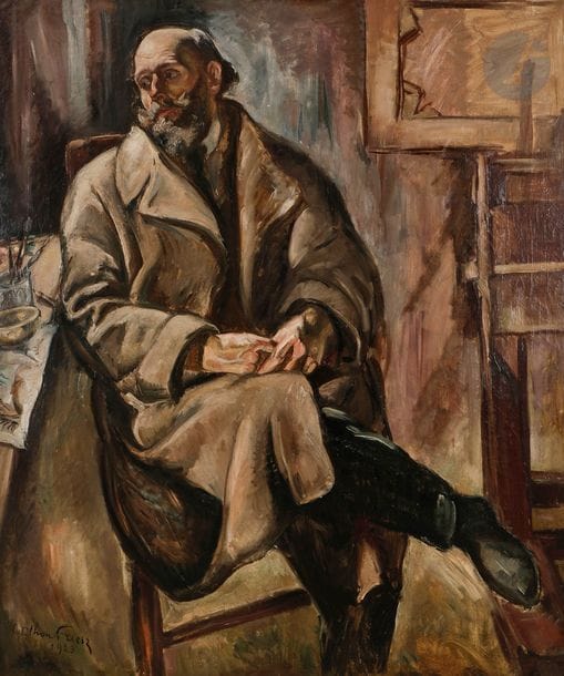 Emile Othon FRIESZ (1879-1949)
Portrait de Paul Paquereau, 1923
Huile sur toile.
Signée et datée en bas à gauche.
150 x 125 cm

Provenance :
- Collection Léon Pédron, acquis directement à l'artiste.
- Collection M. Kuenegel.
- Succession G., Normandie.

Expositions :
- Carnegie Institute of Pittsburgh, 1925, n°115, où il reçoit le 1er prix (étiquette au dos).
- Othon Friesz, Galerie Charpentier, Paris, 1950 (étiquette au dos).
- Othon Friesz, Galerie Drouant, Paris, mai-juin 1973 (étiquette déchirée au dos).
- Othon Friesz, Le Fauve baroque, Musée Malraux, le Havre, 20 octobre 2007 - 27 janvier 2008, n°152.

Bibliographie :
Robert Martin, Odile Aittouarès, Émile Othon Friesz, L'Œuvre peint I, Paris, Éditions Aittouarès, 2000, n°675, reproduit p. 248.
Paul Paquereau (1871-1956) fut un peintre et décorateur de théâtre proche d'Émile Othon Friesz avec lequel il a exposa.
En 1924, Émile Othon Friesz reçut une mention honorable du Carnegie Prize à Pittsburgh pour ce portrait qui correspondait au goût de cette époque.