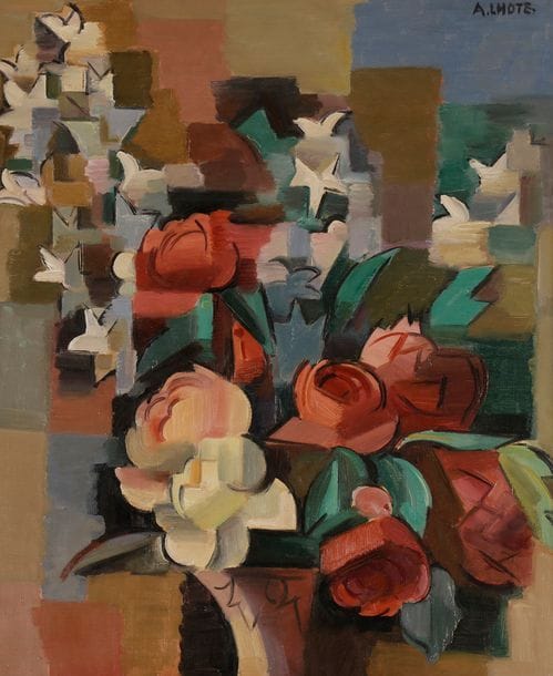 André LHOTE (1885-1962)
Fleurs, 1914
Huile sur toile.
Signée en haut à droite.
65 x 54 cm

Provenance : 
Collection Édouard des Courières, Tanger, Limoges, Bordeaux. Acquis directement auprès de l'artiste.

Œuvre en rapport : 
Anatole Jakovsky, André Lhote, 48 reproductions commentées par le peintre, Paris, Éditions Librairie Floury, 1947, n°15, reproduit.

Exposition :
Hommage à André Lhote, Musée municipal, Limoges, 1962, n°2.

Un tableau similaire, signé en bas à gauche, est reproduit et commenté in Anatole Jakovsky, André Lhote, 48 reproductions commentées par le peintre, Paris, Éditions Librairie Floury, 1947, n°15 :
Il était urgent de cueillir les dernières fleurs de la paix ; la guerre était proche, le monde allait lentement se dissoudre, le bonheur voler en éclats. On a mis bien du temps à comprendre que le Cubisme était comme une préfiguration de ce désastre inhumain et que, si ses artisans tenaient tant à fixer le mécanisme de la vision simultanée, c'est qu'elle suscite des cataclysmes imaginaires par la compénétration des objets, les brisures des lignes, les amputations des formes, bref par la suppression de la continuité, cette entité réconfortante. Par cette pulvérisation systématique des objets, le plaisir de jouir des biens terrestres était comme symboliquement enlevé aux hommes cramponnés à leur idéal bourgeois. On comprend la révolte universelle contre cette prédiction pessimiste mais, qui par la suite, ne se montra que trop justifiée.
 
Nous remercions Madame Dominique Bermann-Martin pour les informations contenues dans cette notice.