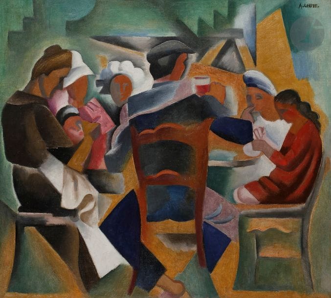 André LHOTE (1885-1962)
Le Repas des marins, 1916
Huile sur toile.
Signée en haut à droite.
(Rentoilée).
64 x 71 cm

Provenance : 
Collection Édouard des Courières, Tanger, Limoges, Bordeaux. Acquis directement auprès de l'artiste.
 
Bibliographie :
Alexandre Mercereau, André Lhote, J. Povolovski, Paris, 1921, p. 61 (Repas de pêcheurs).
Le Bulletin de la vie artistique, 15 décembre 1924, n°24, reproduit p. 553.
 
Exposition :
Hommage à André Lhote, Musée municipal, Limoges, 1962, n°3.

Ce tableau est daté 1916 d'après l'écriture du peintre au dos d'une photo.
 
Nous remercions Madame Dominique Bermann-Martin pour les informations contenues dans cette notice.