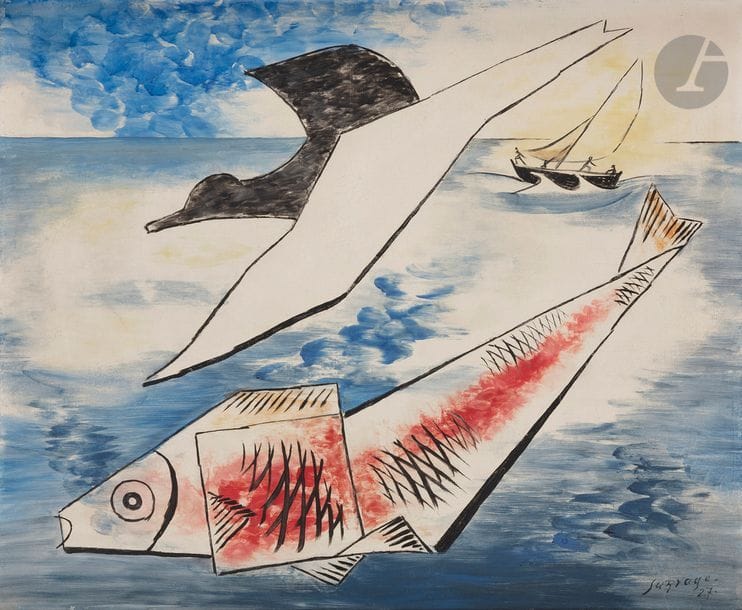 Léopold SURVAGE (1879-1968)
Marine au poisson, 1927
Huile sur toile.
Signée et datée en bas à droite.
(Rentoilée et fine griffure).
54 x 65 cm

Provenance :
Collection Monsieur D., Paris. Reçu par descendance.

Un certificat de Madame Anne-Marie Divieto sera remis à l'acquéreur.