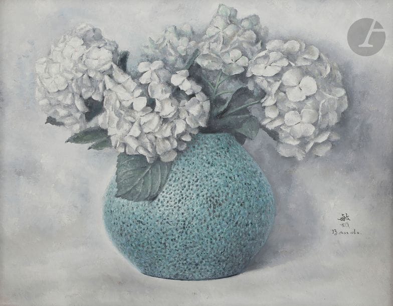 Toshio BANDO [japonais] (1895-1973)
Hortensias dans un vase Primavera, vers 1925-30
Huile sur toile.
Signée en bas à droite.
33 x 41 cm

Provenance : 
Collection de Monsieur X, ami de l'artiste. Par descendance.