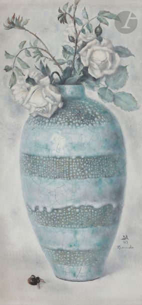 Toshio BANDO [japonais] (1895-1973)
Roses aux vases Primavera, vers 1925-30
Huile sur panneau.
Signée sur la droite.
44 x 22 cm

Provenance : 
Collection de Monsieur X, ami de l'artiste. Par descendance.
