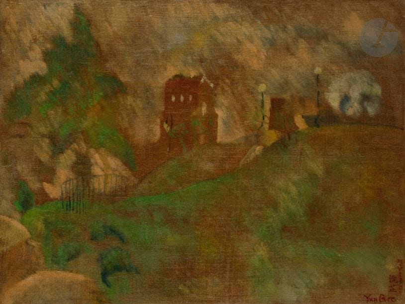 YUN Gee (1906-1963)
Paysage aux réverbères, 1930
Huile sur toile fine montée sur carton par l'artiste.
Signée, datée et située N.Y (pour New York) en bas à droite.
(Restaurations).
37 x 49,5 cm