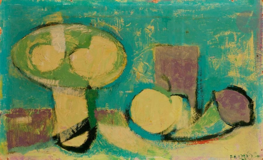 Gudmundur ERRÓ [islandais] (né en 1932)
Nature morte au compotier, 1956
Huile sur isorel.
Signée « Ferro » en bas à droite.
Signée et datée au dos.
(Petits manques sur les bords).
30 x 49 cm

Bibliographie :
Gundmundr Erró, Erró : catalogo generale, Milan, Pre-Art, 1976, reproduit p. 18.