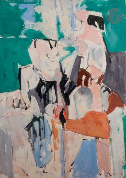Paul KALLOS [hongrois] (1928-2001)
Nu dans l’atelier, 1966
Huile sur toile.
Signée et datée en bas à droite.
(Petit trou et enfoncements).
130 x 89 cm

Provenance : 
Galerie Pierre Domec, Paris (tampon au dos sur le châssis).