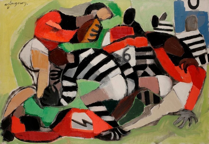 André FOUGERON (1913-1998)
Rugby, preneur de balle, 1965
Huile sur toile.
Signée en haut à gauche.
Datée et titrée au dos.
81 x 116 cm

Exposition : 
André Fougeron, Rugby - l’inextricable entremêlement des formes - 1965-1975, galeries Jean-Jacques Dutko et Arlette Gimaray, 29 octobre - 15 décembre 1991, reproduit p. 19 du catalogue.