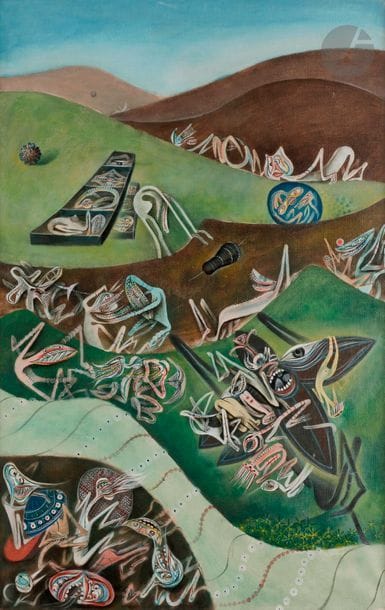Gudmundur ERRÓ [islandais] (né en 1932)
Vacances en Suisse, 1962
Huile sur toile.
Signée et datée au dos.
92 x 59 cm

Provenance :
Ancienne collection Bagalio.

Bibliographie :
Gundmundur Erró, Erró : catalogo generale, Milan, Pre-Art, 1976, Série : Les vacances en Suisse, n° 7, reproduit p. 87