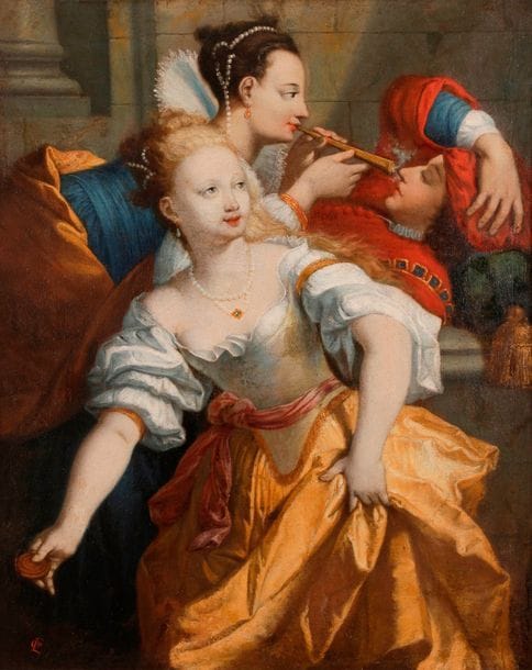 École BOLONAISE du XVIIIe siècle, suiveur de Donato CRETI
Le camouflet
Toile.
Monogrammée en bas à gauche : EQ (liés ?).
Restaurations anciennes.
70 x 57,5 cm