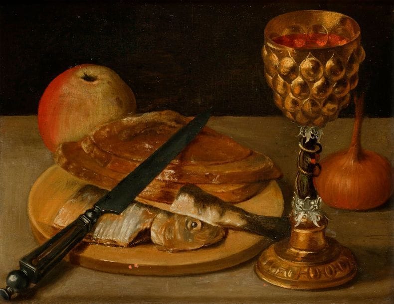 Georg FLEGEL
(Olmütz 1566 - Francfort 1638)
Nature morte au hareng et pokal 
Panneau de chêne, une planche, non parqueté.
Sur la lame du couteau, un R couronné.
Restaurations anciennes et petits manques.
21,6 x 27,5 cm

Une attribution à David RYCKAERT II (1586- 1642) nous a été suggérée

Provenance :
Galerie Heim, août 1961 ;
Acquis auprès de cette galerie par Jean Riechers en 1961.
 Fils d’un fabricant de chaussures, Georg Flegel naît en Moravie en 1566 et grandit dans une famille protestante. Il s’installe à Vienne dans les années 1580 où il intègre l’atelier de Lucas Van Valckenborch. Vers 1593, Flegel et son maître partent pour Francfort où ils rejoignent l’atelier du peintre Martin Van Valckenborch, frère de Lucas. De 1593 à 1597, les trois hommes travaillent en collaboration à la réalisation de plusieurs tableaux dans lesquels Flegel réalise les fruits, les fleurs et tout autre élément apparenté à l’art de la nature morte. Il s’inspira des maîtres flamands d’Anvers et de Haarlem pour élaborer son style, empreint d’un grand réalisme et d’une forme d’austérité, et diffuse ce type de composition en Allemagne. A la mort de son maître, Flegel obtient la citoyenneté de la ville de Francfort.
Dans ce tableau, la composition est simple, organisée en lignes géométriques. Flegel représente un hareng mariné accompagné de quelques tranches de pain, une pomme, un oignon, un couteau et un joli pokal très délicatement dessiné. Calme et organisation règnent au sein de cette œuvre qui n’est pas sans rappeler le calme et la poésie des « vies silencieuses » d’un Lubin Baugin.