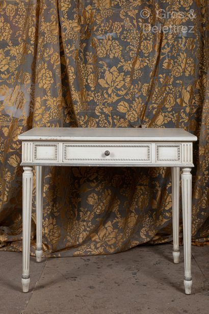 White lacquered wood and silver desk table...