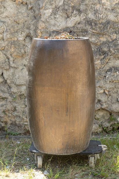 Large outdoor pot in metallic brown glazed...