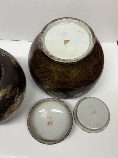 Pair of brown enameled porcelain ginger jars...