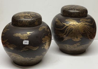 Pair of brown enameled porcelain ginger jars...