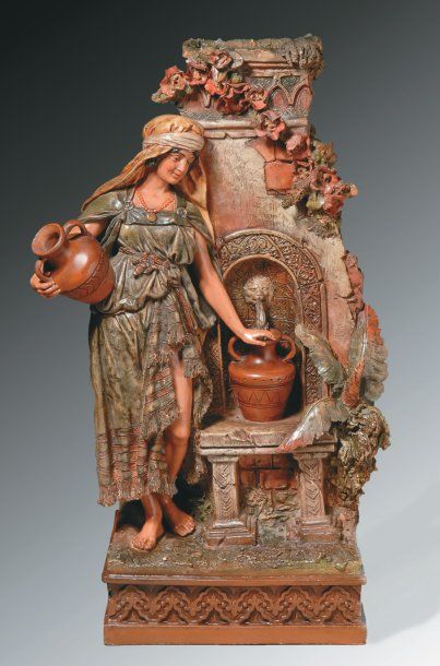 Rare terre cuite polychrome représentant...
