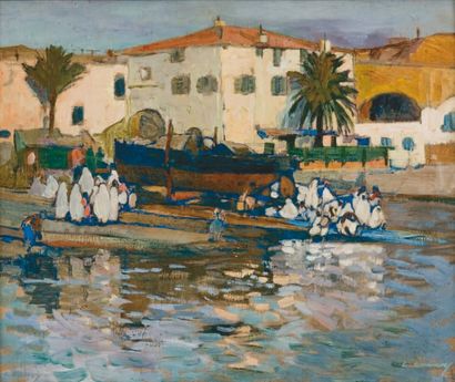 Léon CAUVY (1874-1933)
Le port d'Alger, mauresques...