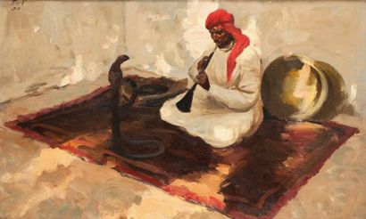 DEV (XXème) Charmeur de serpent, 1937 Huile...