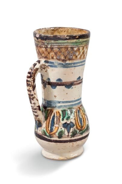 Cruche, Kuz, à anse, en faïence polychrome,...