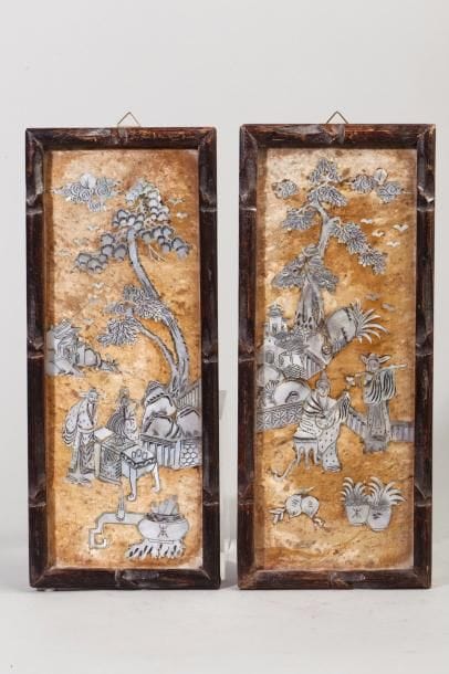 Chine, début XXe siècle Deux plaques en marbre...