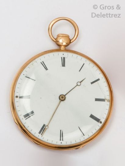Montre de poche en or jaune, le cadran émaillé...