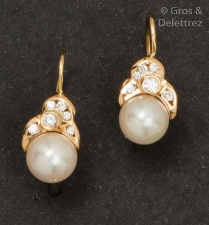 Paire de dormeuse en or jaune ornée de perles...