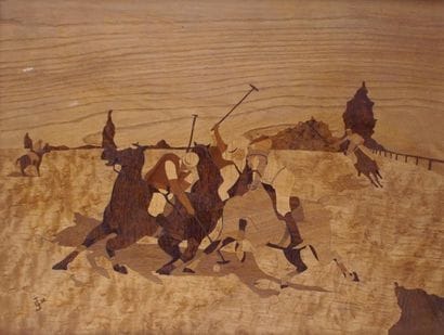 TABLEAU-MARQUETERIE de bois indigènes figurant...