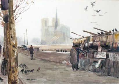 PARIS, LES BOUQUINISTES ET NOTRE-DAME Aquarelle...