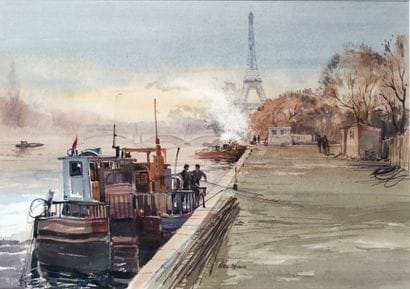 PARIS, PÉNICHE À QUAI Aquarelle signée en...