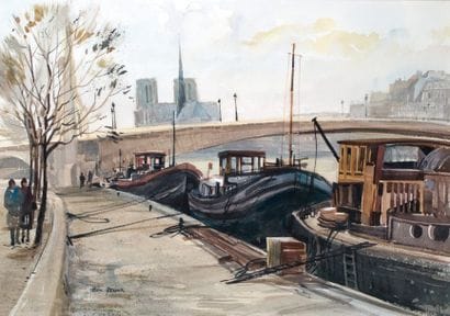 PÉNICHES AU CHEVET DE NOTRE-DAME Aquarelle,...