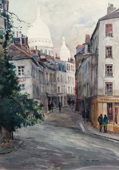 RUE ANIMÉE À MONTMARTRE Aquarelle signée...