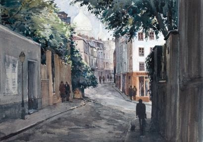 MONTMARTRE, RUE ANIMÉE ET OMBRAGÉE Aquarelle...