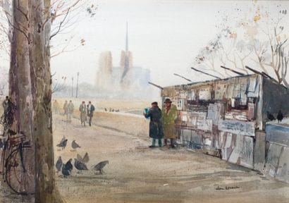 PARIS, LES BOUQUINISTES ET NOTRE-DAME Aquarelle...