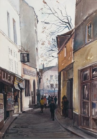 PARIS, RUE ANIMÉE Aquarelle signée en bas...