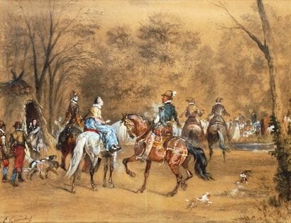 Othon QUINCHEY - 1820-1876
LA CHASSE À COURRE
Fusain...